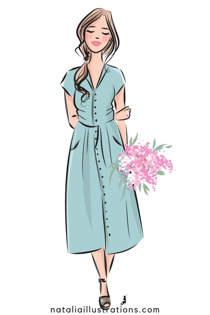 a woman in a blue dress holding a bouquet of flowers