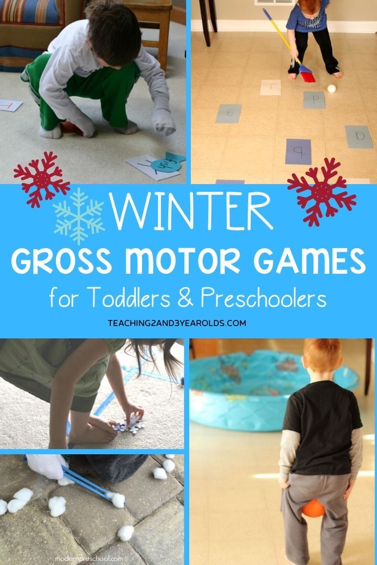 four different pictures with the words winter gross motor games for toddlers and preschoolers