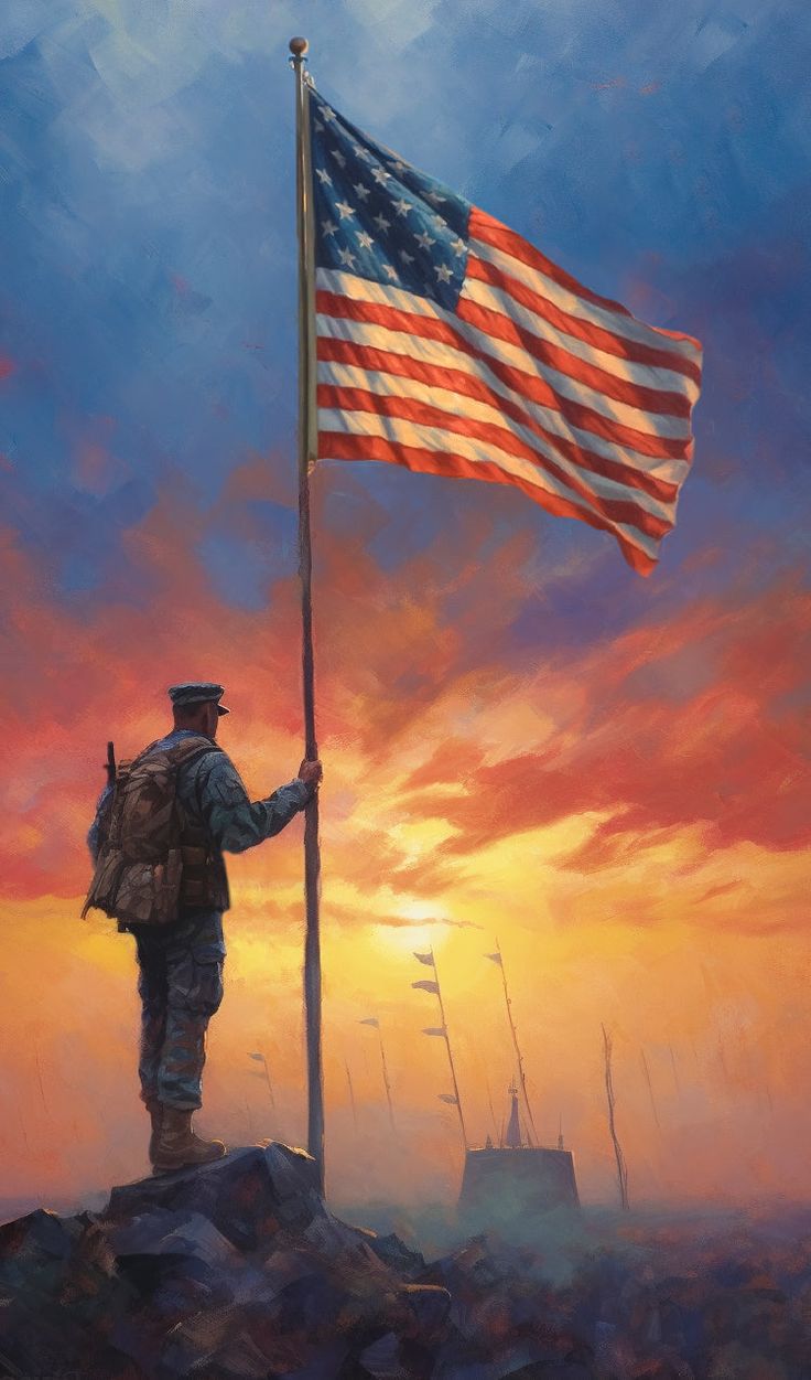 a painting of a soldier holding the american flag on top of a hill at sunset