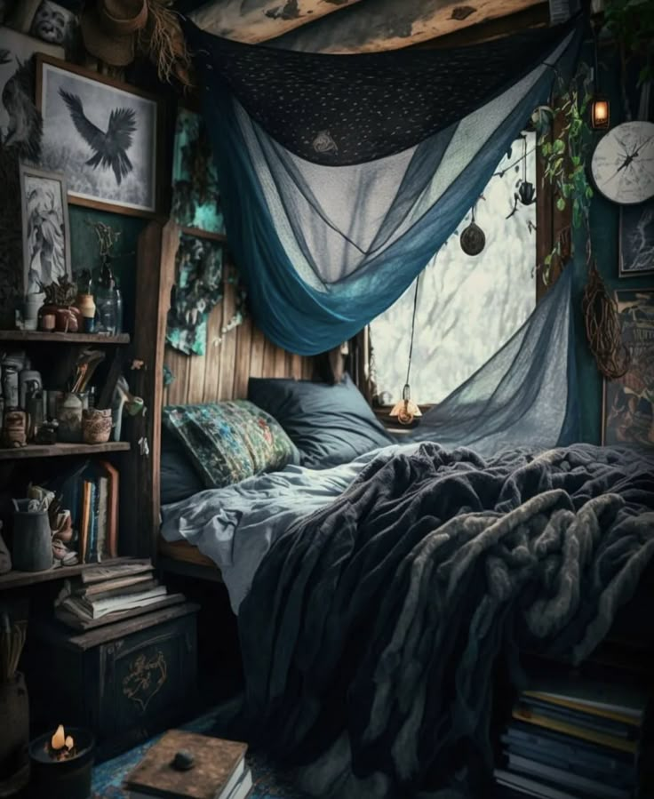 an image of a bedroom setting with bed and books on the shelves in front of it