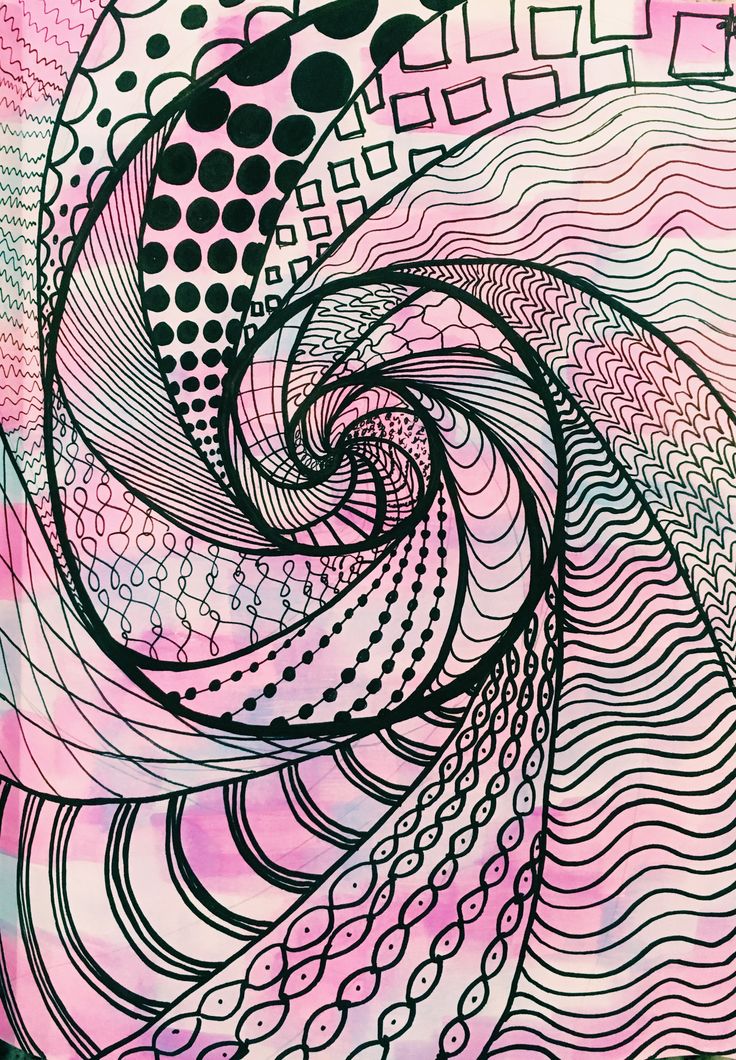 an abstract painting with black and white lines on pink, blue, and purple background