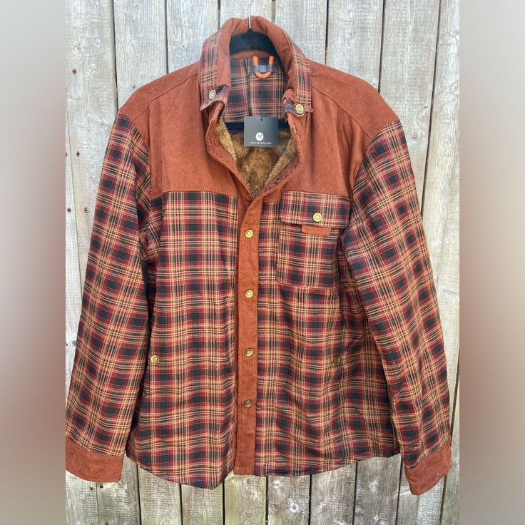 Wanderer Flannel Jacket - Flannel Design With Outer Protective Layer And Soft Faux Fur Interior - Shoulders And Wrist With Extra Protection - Snap Buttons - Men’s Size Large Flannel Outerwear With Buttons, Fall Flannel Outerwear With Snap Buttons, Long Sleeve Flannel Outerwear With Buttons, Winter Flannel Outerwear With Snap Buttons, Flannel Button-up Outerwear With Snap Buttons, Plaid Button-up Outdoor Outerwear, Button-up Plaid Outerwear For Outdoor, Plaid Button-up Outerwear For Outdoor, Winter Plaid Outerwear With Snap Buttons