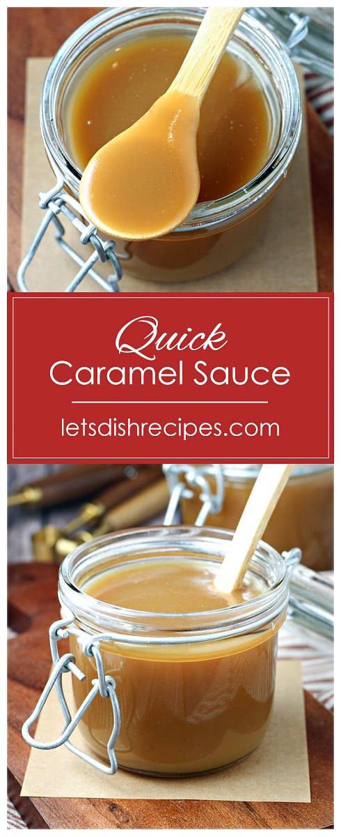 caramel sauce in a glass jar with a wooden spoon on the side and text overlay that reads, quick caramel sauce