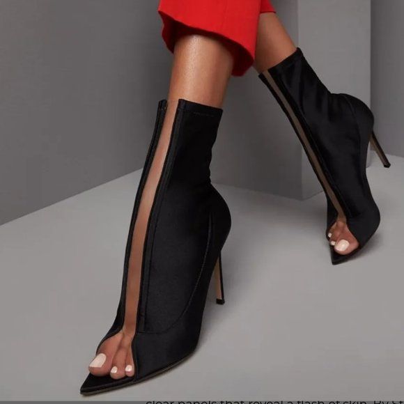 Elegant High Ankle Summer Heels, Elegant Ankle Boots For Summer, Elegant Open Toe Heels For Fall, Elegant Black Winter Heels, Elegant Open Toe Heels For Winter, Elegant Open Toe Spring Boots, Elegant Black Boots With Wrapped Heel, Black High Ankle Heels For Spring, Black Ankle-high Heels For Spring