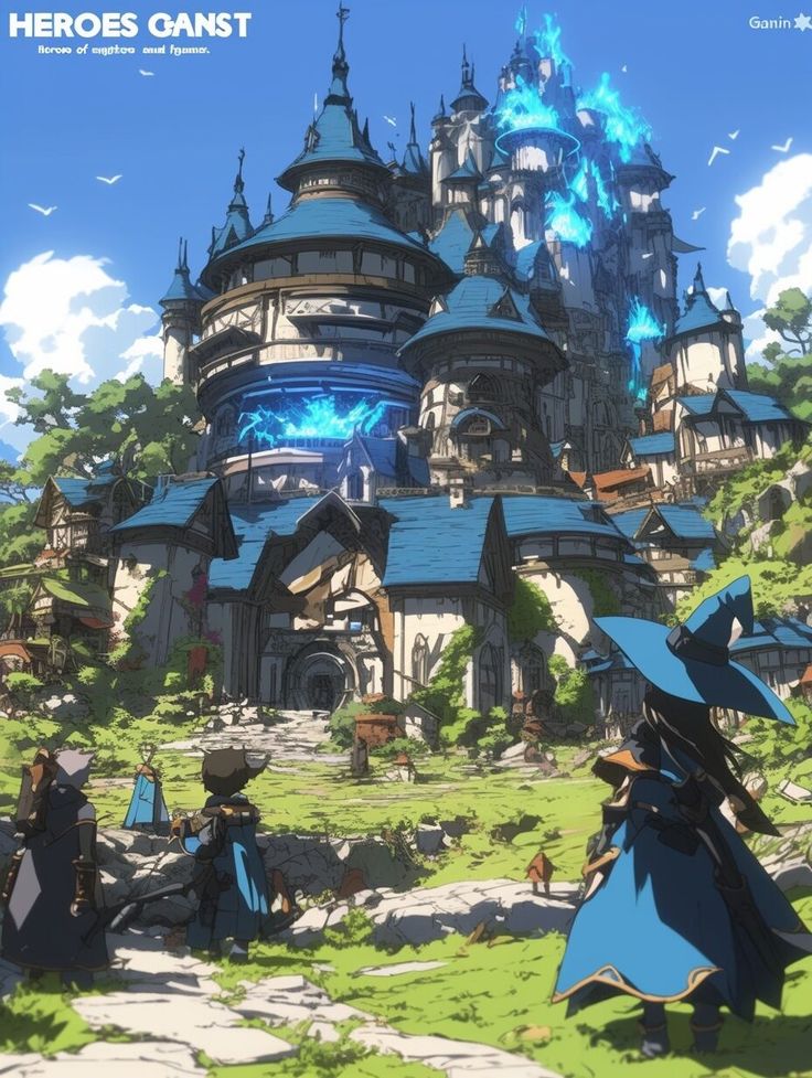 an anime scene with people standing in front of a castle and fire coming out of it