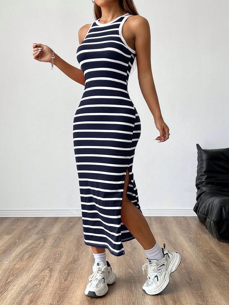 Striped Knitted Sleeveless Women's Dress Navy Blue Casual  Sleeveless Knitted Fabric Colorblock,Striped Tank Medium Stretch  Women Clothing, size features are:Bust: ,Length: ,Sleeve Length: Casual Ribbed Midi Dress For Beach, Casual Bodycon Midi Dress For Vacation, Casual Ribbed Maxi Dress For Beach, Sleeveless Ribbed Maxi Dress For Summer, Casual Ribbed Maxi Dress For The Beach, Casual Halter Neck Bodycon Sleeveless Dress, Outfits Shein Fashion Styles, Casual Halter Neck Sleeveless Bodycon Dress, Casual Ribbed Bodycon Sleeveless Dress