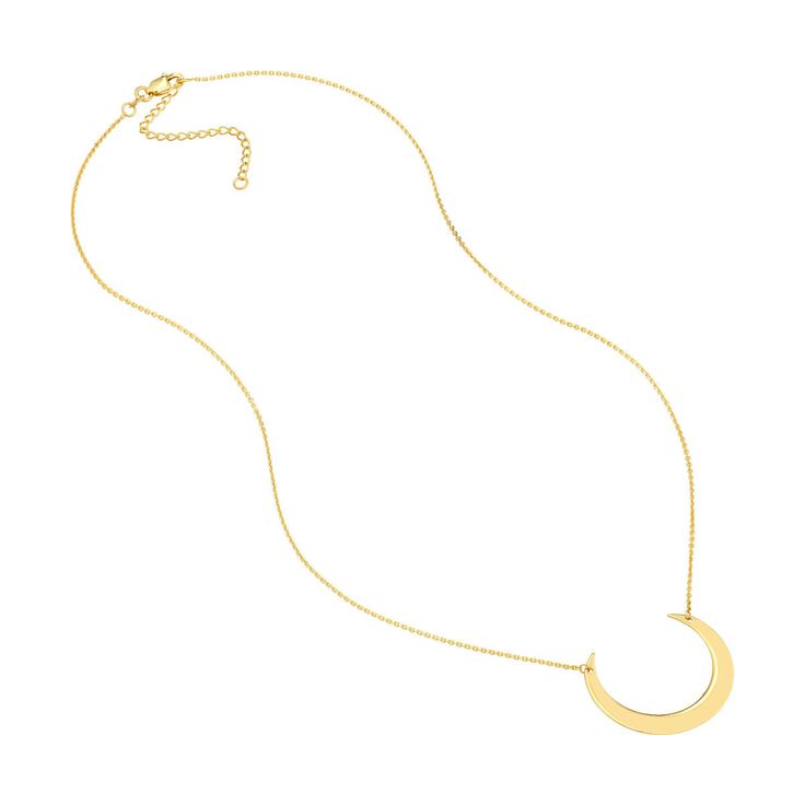 You'll be over the moon with this 14K yellow gold necklace featuring an upward-facing sizable crescent moon. The celestial piece is adjustable from 16-18 inches. Millimeter: 0.95 Gauge: 30 Closure: Lobster Total Carat Weight: 0.02 Stone Type: Diamond Cheap Gold Moon Shaped Necklace, Luxury Gold Plated Crescent Jewelry, Luxury Yellow Gold Crescent Jewelry, Affordable Elegant Crescent Necklace, 333 Crescent Moon Necklace, Luxury Crescent Necklaces For Women, Luxury Gold Crescent Necklace, 14k Yellow Gold Necklace, Crescent Moon Pendant