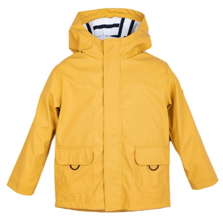 Get ready for rain! Featuring a striped interior lining. Zip up front. Two exterior pockets. Imported. Yellow Waterproof Raincoat For Fall, Casual Yellow Weatherproof Raincoat, Yellow Hooded Rainy Season Outerwear, Solid Raincoat With Pockets For Rainy Weather, Yellow Raincoat With Pockets For Fall, Raincoat With Pockets For Rainy Weather, Yellow Long Sleeve Outerwear For Rainy Season, Yellow Weatherproof Raincoat For Fall, Yellow Raincoat For Outdoor Use In Fall