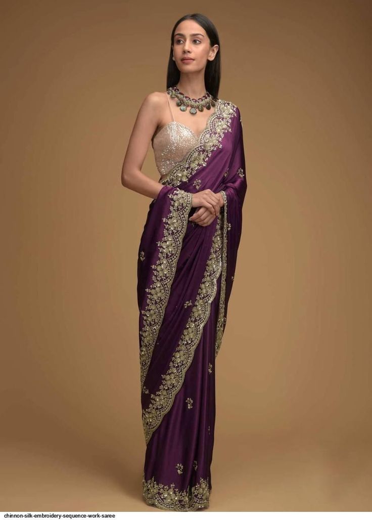 Package Contains: Saree, Blouse, Petticoat CHINNON SILK EMBROIDERY SEQUENCE WORK SAREE *Fabric Chinnon Silk with Multi Thread Embroidery Sequence* *Blouse Mono Banglory Silk Embroidery Sequence* (Un-Stitched) *Work Multi Thread Sequence C-Pallu Cut-Work Border* Length 5.5 Mtr Blouse 0.80 Mtr With FREE Saree foll and Piko with matching petticoat. Our Services- Stitching service is also available on customer demand. Please get in touch with us for Stitching Service. We customize everything when it comes to ethnic wear. We Provide both i.e. unstitched and stitched blouse as required, so feel free to contact us. Before dispatch, we check our product to serve you, our best. Beware of fake sellers. We are giving assured quality. So, you will always receive an excellent product. #Saree#Sari# Band Indian Designer Sarees Wedding, Punjabi Saree, Minimal Saree Look, Sequence Saree, Diwali Dresses, Purple Saree, Bollywood Lehenga, Ready To Wear Saree, Silk Saree Blouse