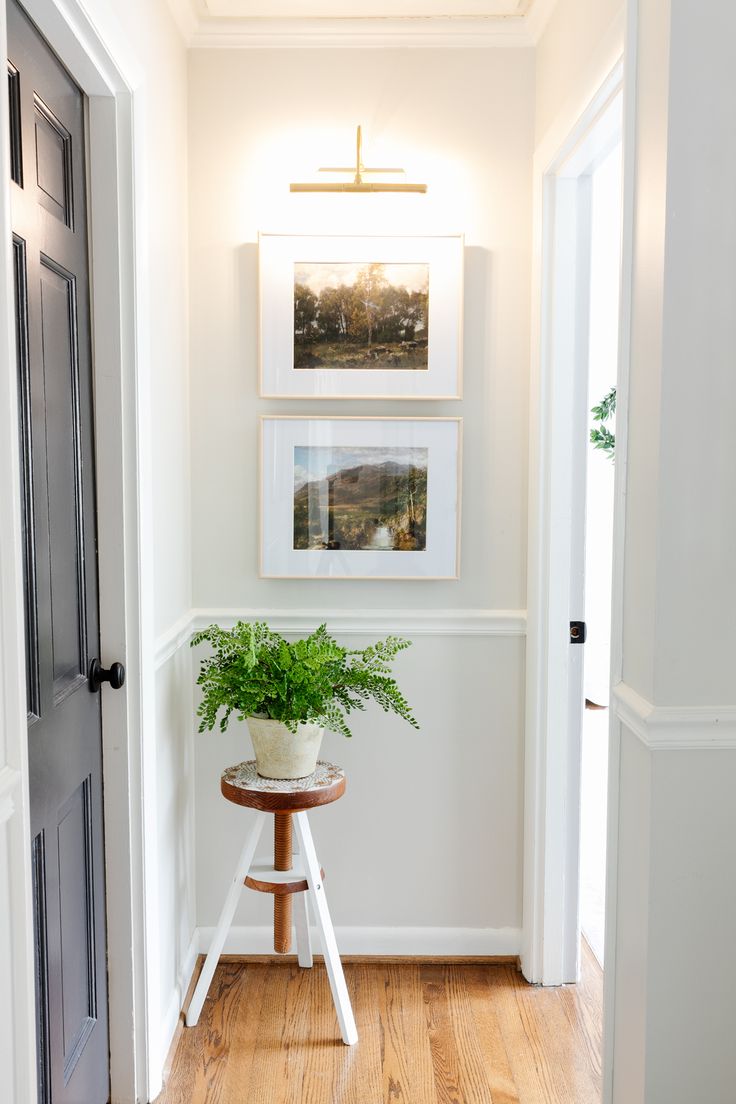 a plant is sitting on a stool in front of two pictures hanging on the wall