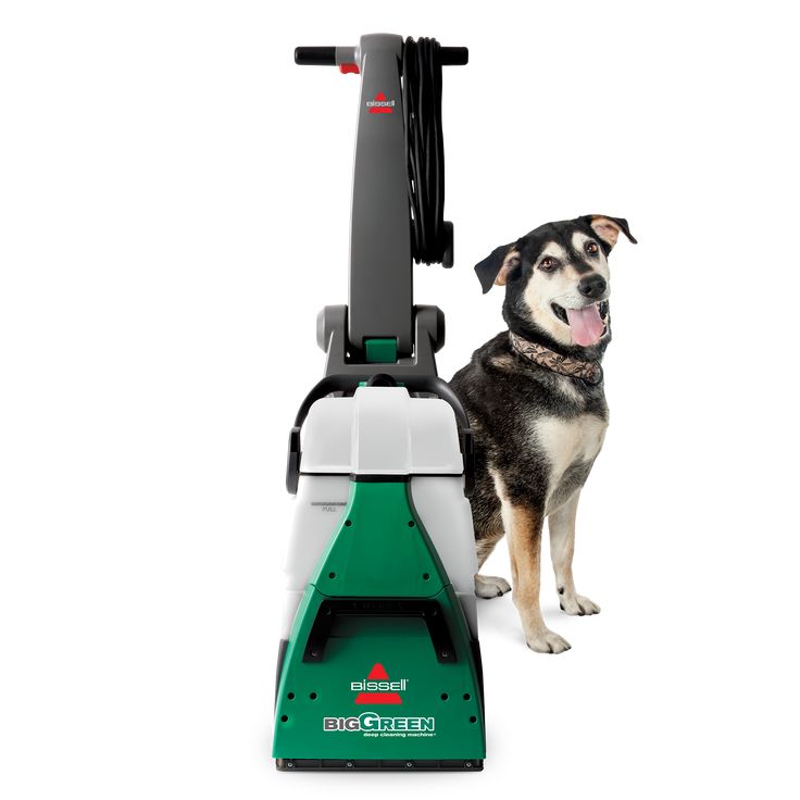 a black and white dog standing next to a green and white floor scruber on a white background