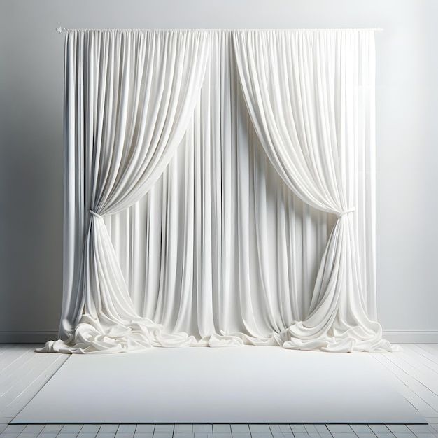 an empty room with white curtains on the wall and wooden floor in front of it