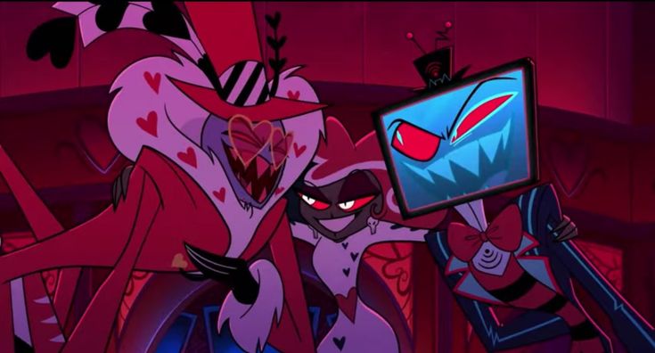 an animated character holding up a computer monitor in front of another character with red eyes