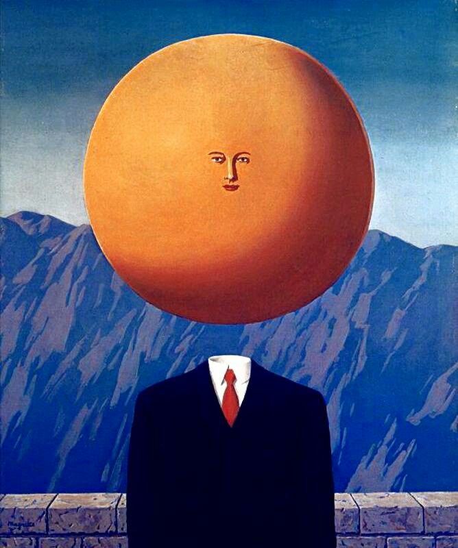 a painting of a man with an orange on his head