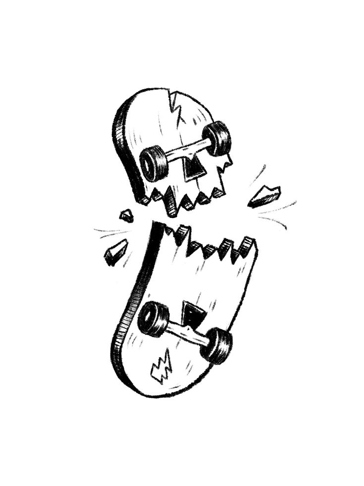 a black and white drawing of a skateboard that has teeth coming out of it