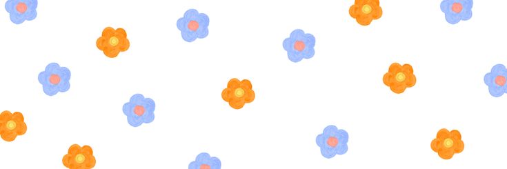 an orange and blue flower pattern on a white background, with small pink dots in the center