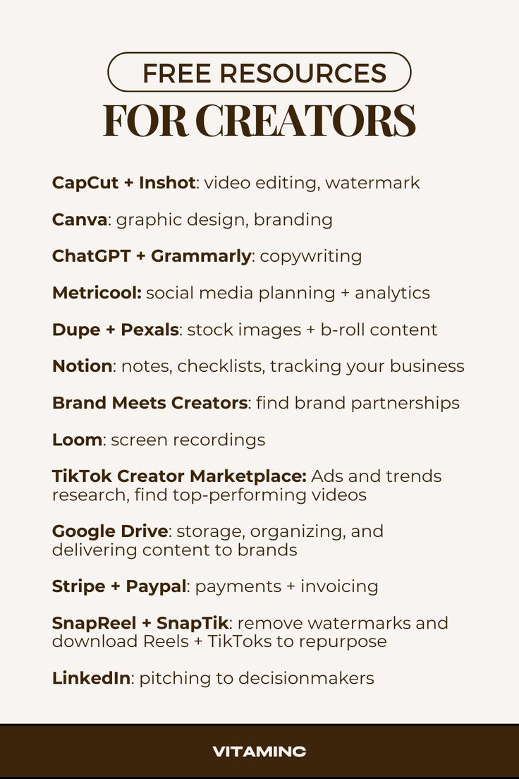 FREE Apps + Resources for Content Creators, brown tredny aesthetic, list of platfroms that are free for UGC creators Content Creator For Beginners, Content Creator Business Plan, Content Creation Planning, Content Creator Organization, Content Creator Apps, Content Creator Ideas For Beginners, Beginner Content Creator Tips, How To Become Content Creator, How To Become A Ugc Content Creator