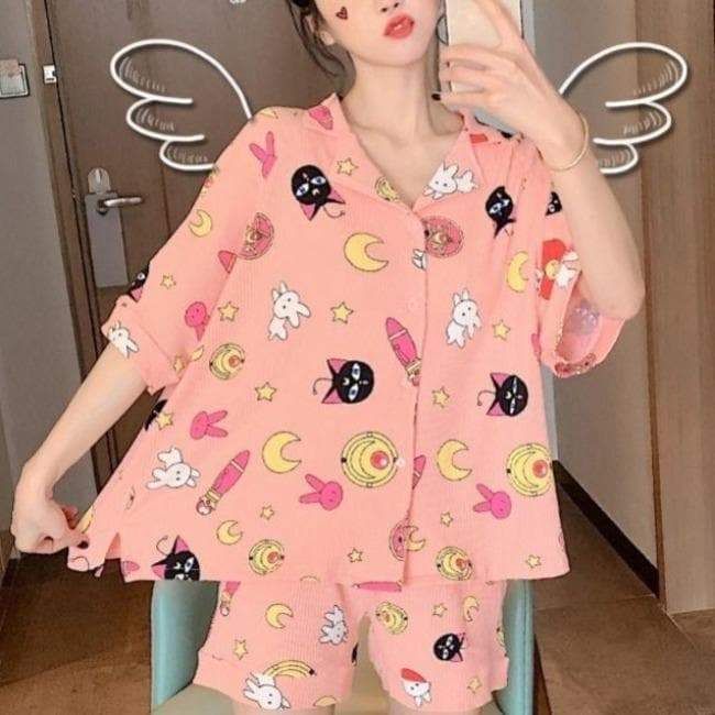 Pjs Shirt, Pink Sailor Moon, Moon Pajamas, Pajamas Summer, Cute Pjs, Purple Wig, Summer Pajamas, Print Pajamas, Short Set