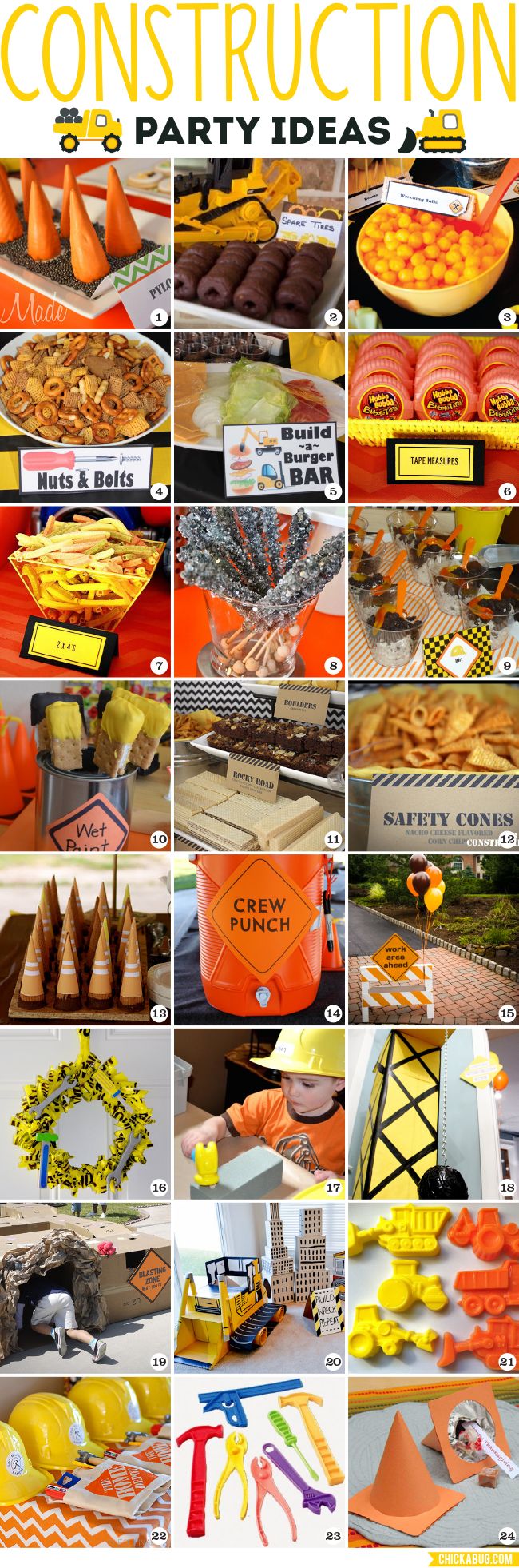 an orange construction themed party is featured in this collage with pictures and text overlays