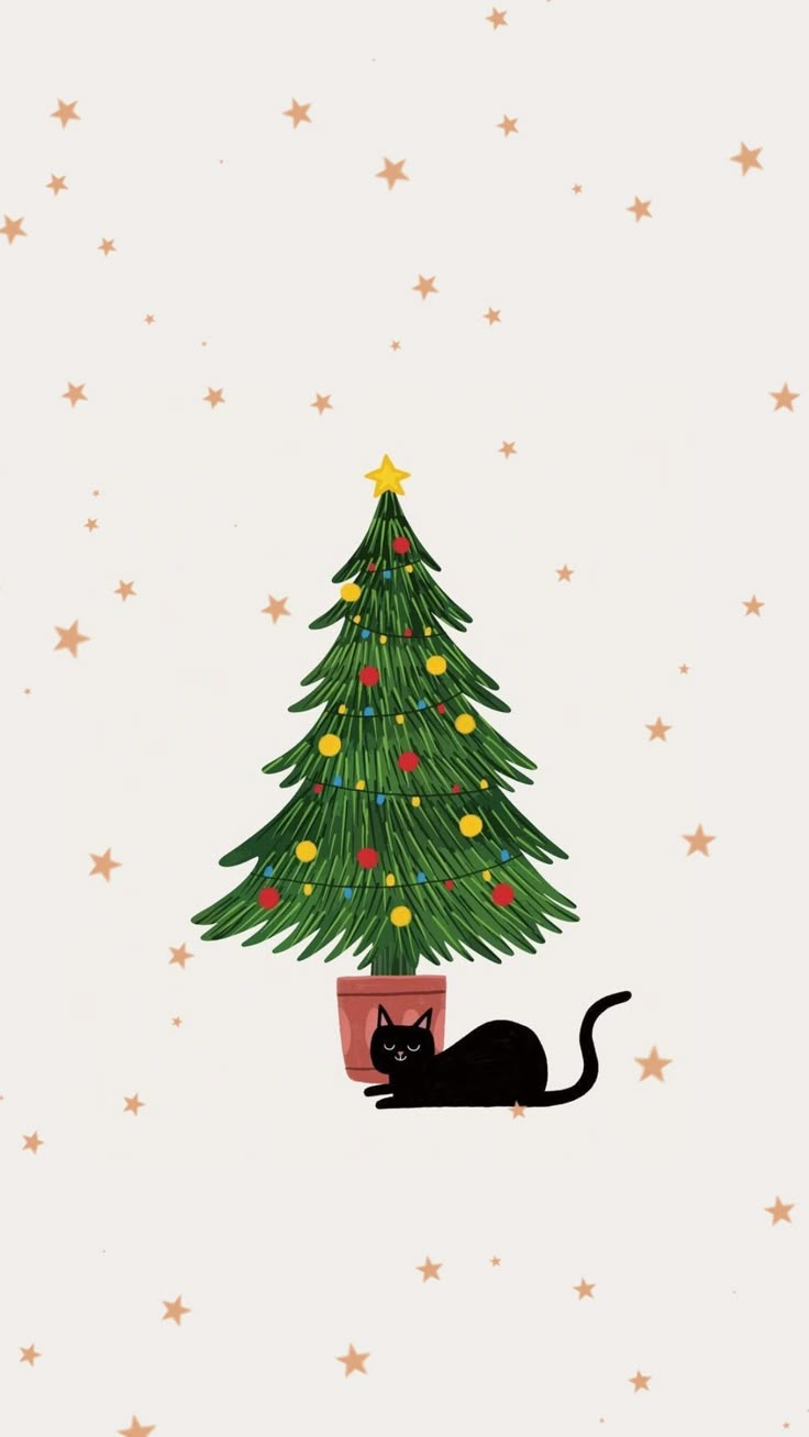 a black cat sitting next to a christmas tree on top of a white background with stars