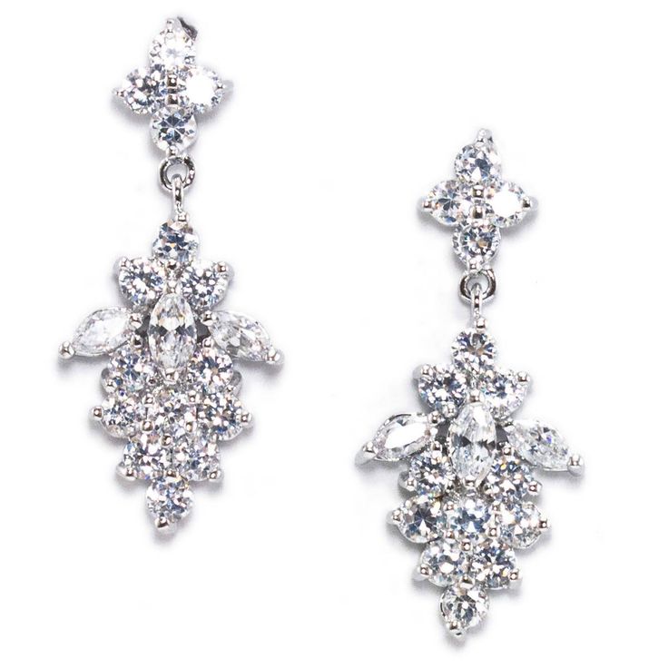 A beautiful floral inspired cubic zirconia cluster drop earring. Marquis shaped stones in a variety of sizes form the perfect earring for many bridal gowns. Rhoduim Plating. Post style back. * Length 1.5" * Width .50" * This item ships within 7-10 Business Days. Please allow additional time for time in transit. Price $68.00 Wedding Day Looks, Cluster Earring, Flower Girl Jewelry, Bridal Earring, Bridesmaid Pearls, Cubic Zirconia Bracelet, Choker Pendant, Back Necklace, Cubic Zirconia Necklace