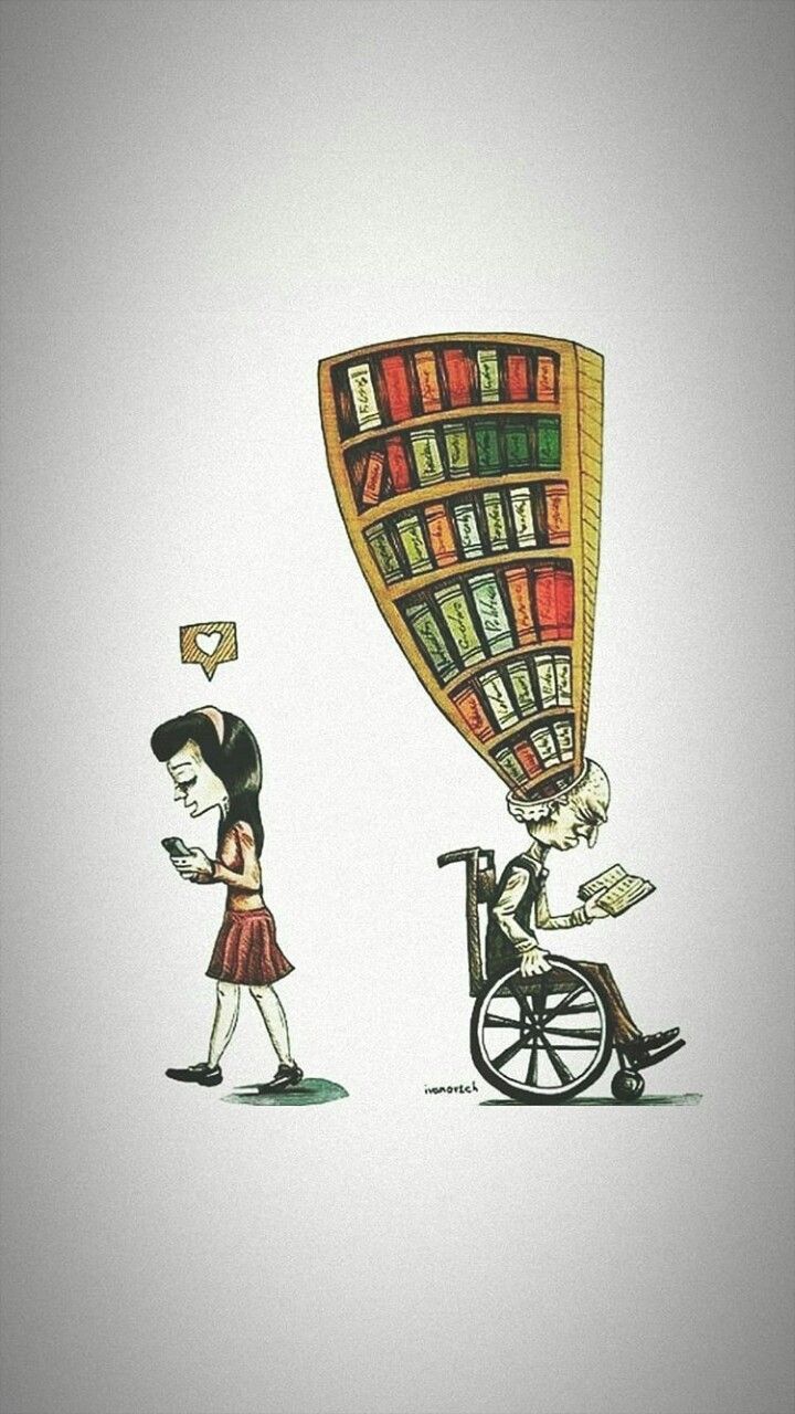 a drawing of a man pushing a wheel chair with books on it's back