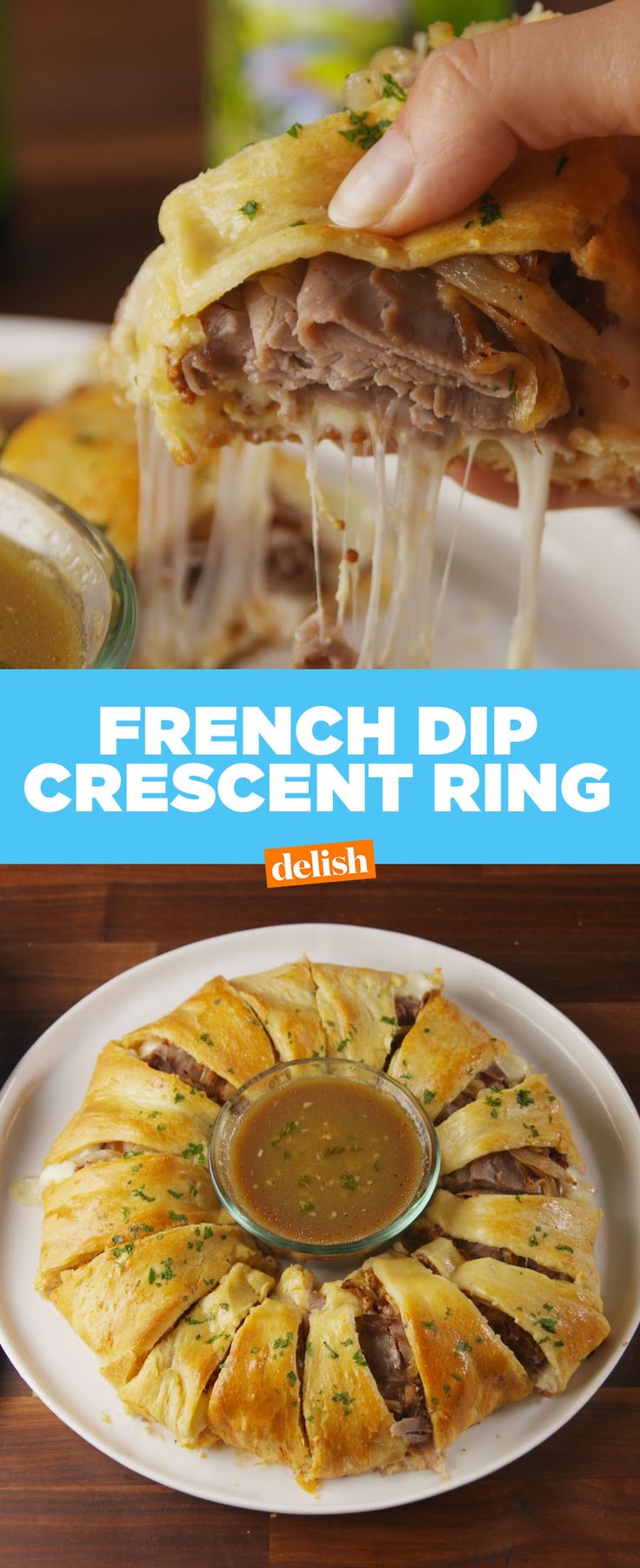 french dip crescent ring with dipping sauce on the top and an image of a pastry