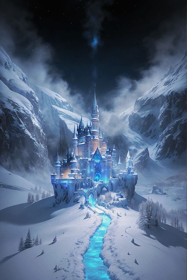 a castle in the middle of a snowy mountain with a stream running through it, surrounded by snow covered mountains