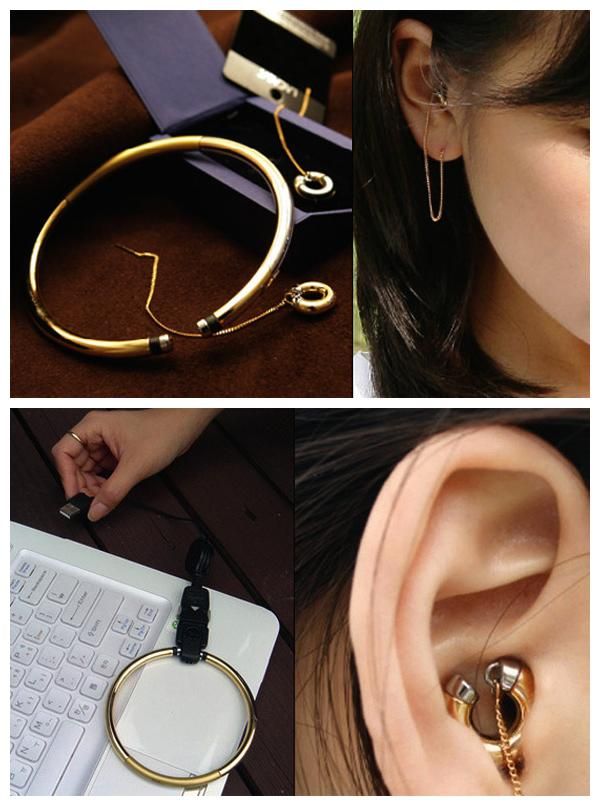 three pictures of different types of ear piercings, one is gold and the other is silver