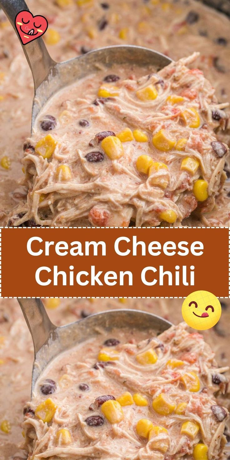 two spoons filled with cream cheese chicken chili on top of a pan full of corn