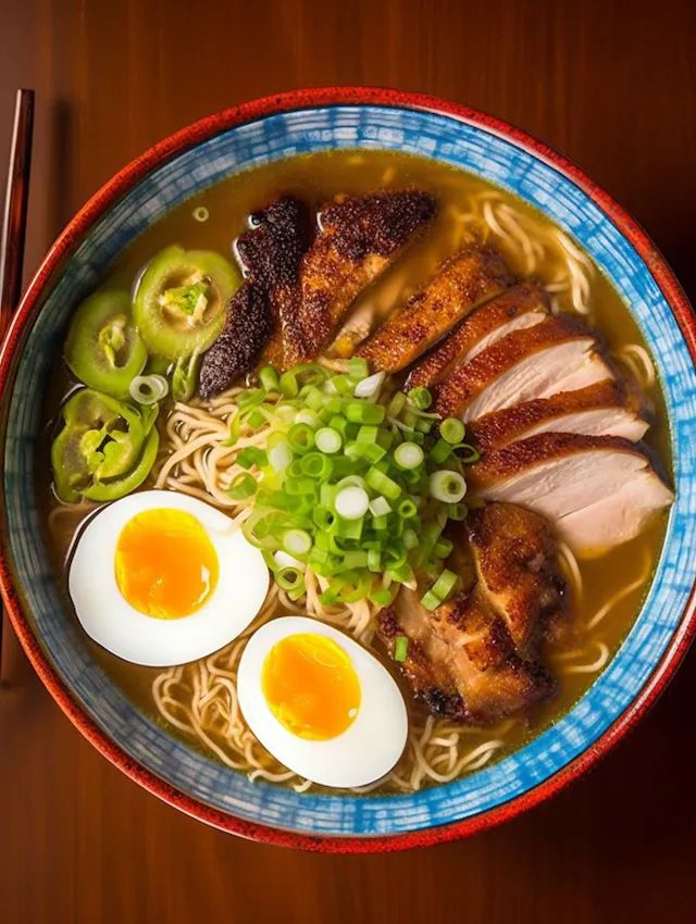 a bowl of ramen with meat, eggs and green onions on the side next to chopsticks