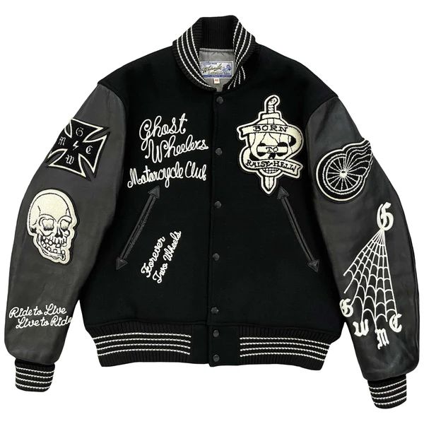 Whitesville Ghost Wheelers Varsity Jacket Varsity Jacket Aesthetic, Black And White Varsity Jacket, White Varsity Jacket, Senior Jackets, Leather Varsity Jackets, College Jackets, Racer Jacket, Varsity Jacket Men, Leather Sleeves