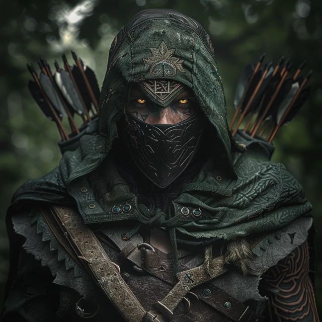 a man dressed up as a warrior with arrows in his hand and wearing a hood