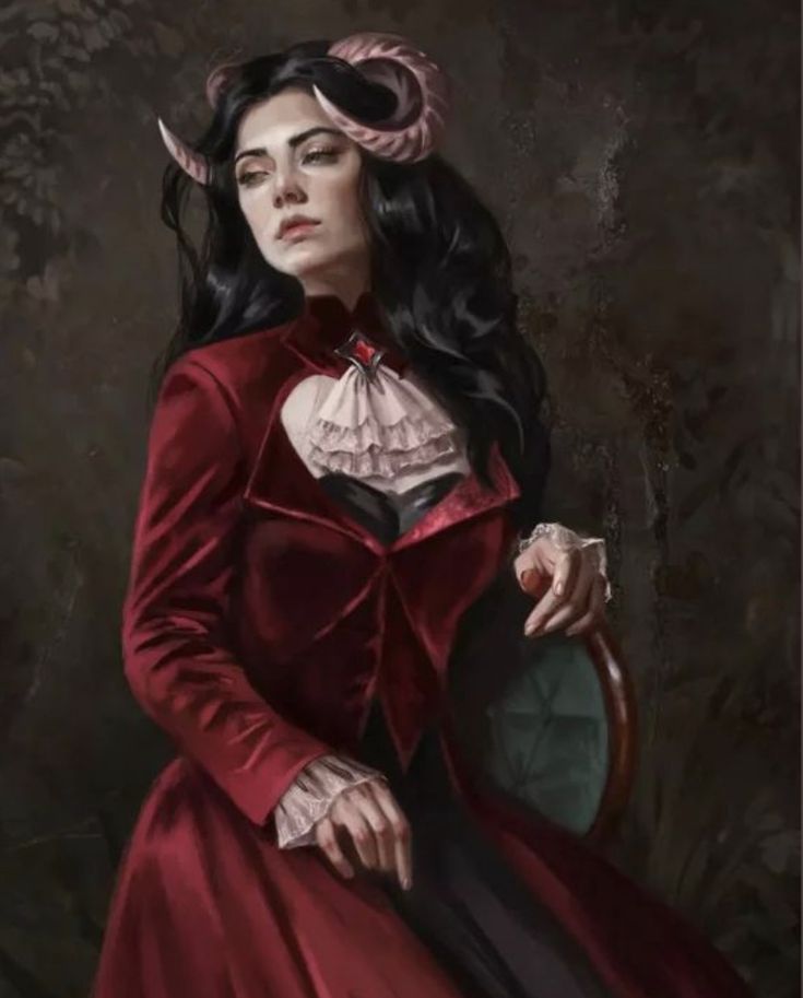 a painting of a woman in a red dress with horns on her head, holding a chair