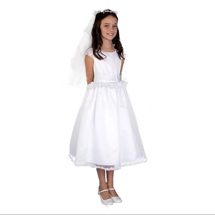 Satin Lace Cap W/ Lace Inset At Waist & White Satin Tie Back Sash At Center Irremovable Bow At Waist Zipper Back Closure Tea Length Us Angels Girls First Communion Dress White - Cap Sleeve W/ Lace Inset Waist & Full Skirt Flowergirls Dresses, White Communion Dress, Flower Girl Dresses Navy, Girls First Communion Dresses, Communion Ideas, Flower Girl Gown, Girls Communion Dresses, Satin Flower Girl Dress, Girls Special Occasion Dresses