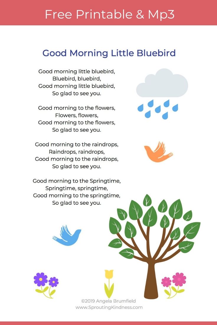 the good morning little bluebird poem is shown in this printable poster for kids