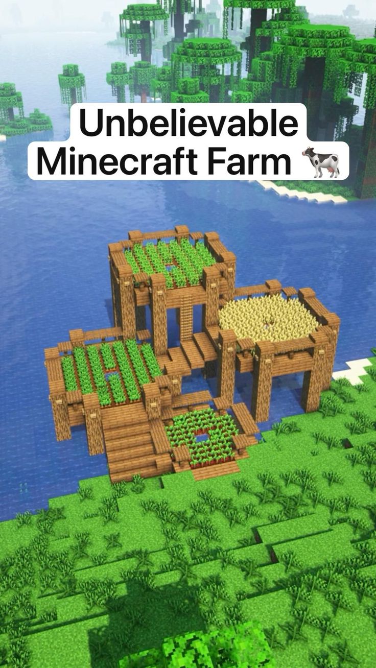 an image of a minecraft farm in the middle of water with trees and plants