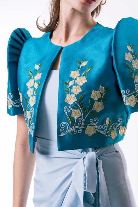 Bolero Filipiniana, Surface Drawing, Modern Filipiniana Dress, Filipino Clothing, Modern Filipiniana, Filipino Fashion, Filipiniana Dress, Blue Silk Dress, Color Embroidery