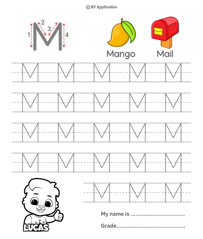 the letter m worksheet with an image of mango and mailbox on it