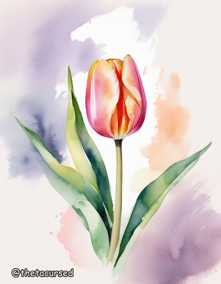 a watercolor painting of a pink tulip with green leaves