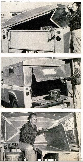 three pictures of men working on an old truck