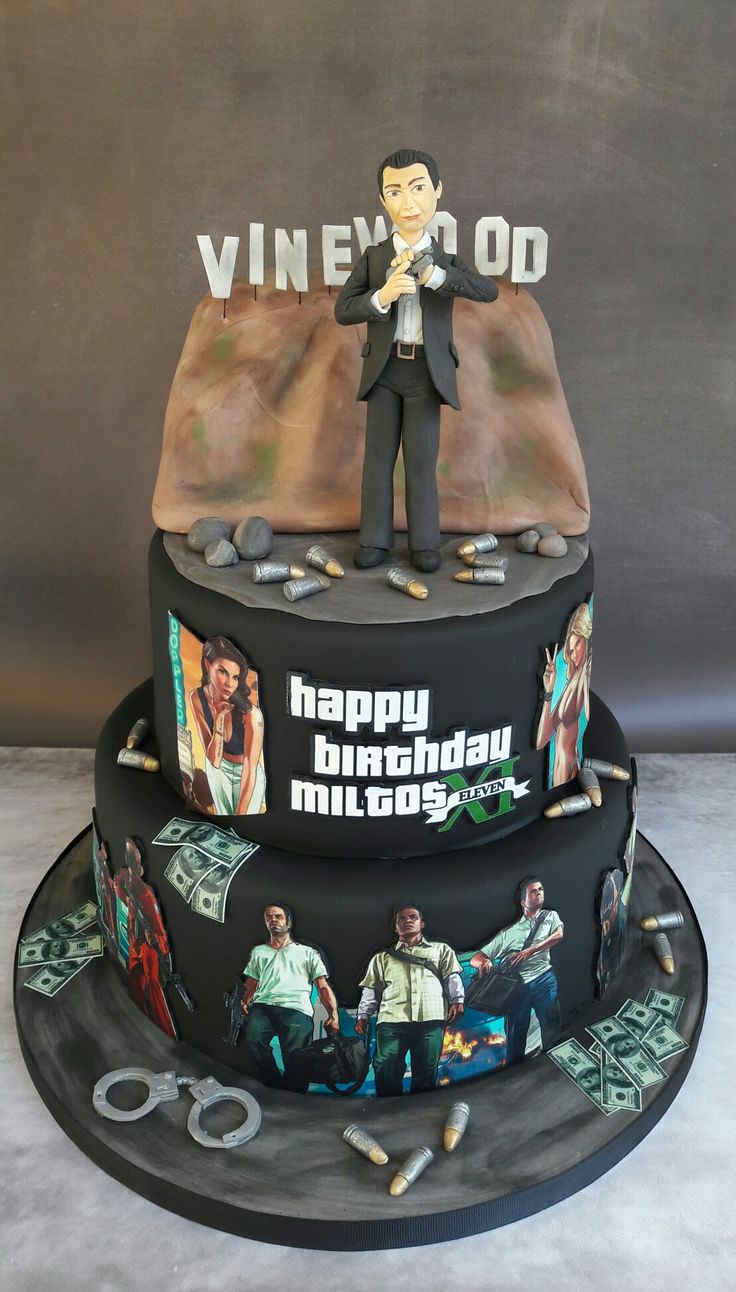 a three tiered cake decorated with the characters of tv series breaking bad on top