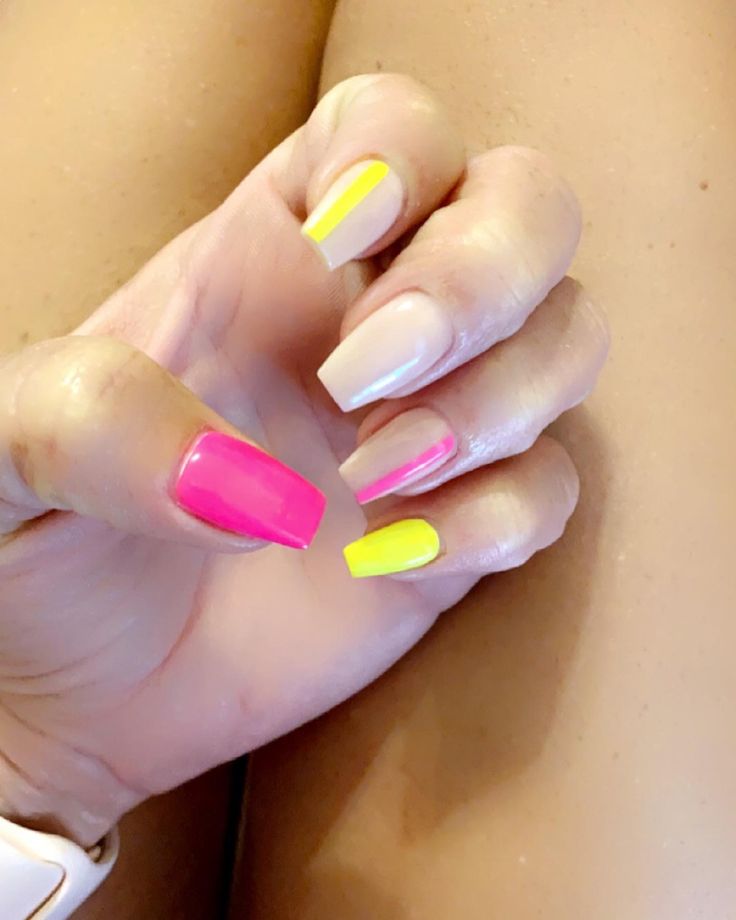 Pink And Neon Yellow Nails, Hot Pink And Yellow Nails Summer, Hot Pink And Yellow Nails, Neon Pink And Yellow French Tip Nails, Hot Pink And Neon Yellow Nails, Yellow Neon Nails, Neon Yellow Toes, Neon Pink And Yellow Nails Art Designs, Neon Pink And Yellow Ombre Nails