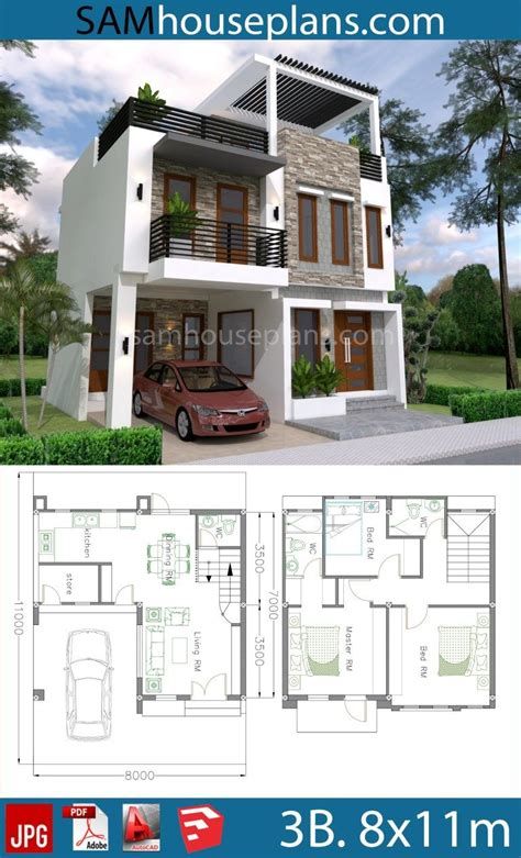 two story house plan with 3 car garage and 2 bedroom apartment on the first floor