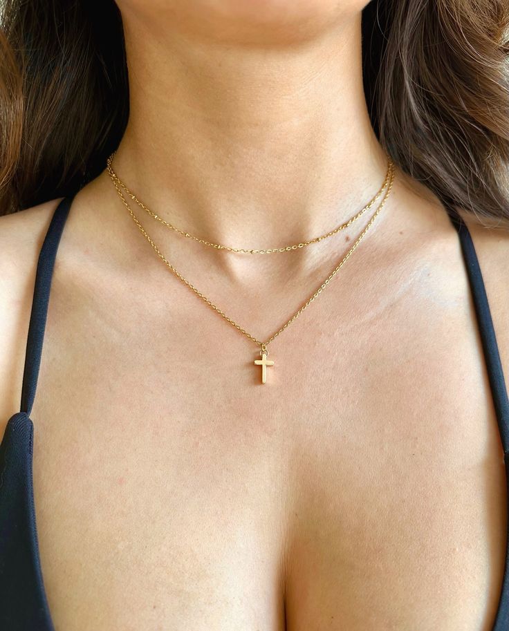 "Super cute and dainty tiny cross charm on dainty chain 18k gold plated, Silver plated, Gold vermeil, Rose Gold vermeil or Silver plated charm. ✨layered cross necklace chain is 17\" and includes a 2\" extender, making the necklace adjustable from 17-19 inches. ⭐️ Our Rose gold necklace comes with a crucifix cross, Gold and Silver are plain cross. Hypoallergenic nickel & lead free material  -Silver plated cable chain  -Silver plated satellite chain  -18k Gold plated cable chain  -18k Gold plated Layered Necklaces Cross, Gold Cross Necklace Layered, Cross Necklace Layering, Cross Necklace Stack, Cross Gold Necklace, Layered Cross Necklace, Cross Choker Necklace, 2024 Board, Cross Gold