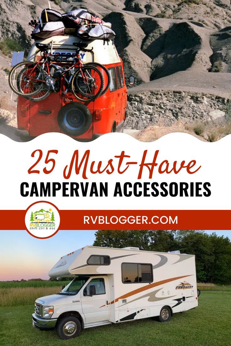 a camper van with bikes on top and the words 25 must have campervan accessories