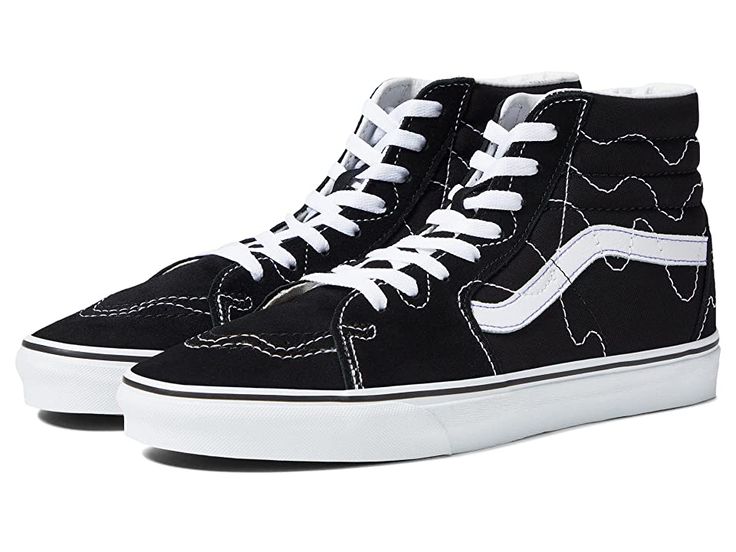 Vans SK8-Hi - Skate Shoes : (Stitch Warp) Black/True White : Keep it old school every step of the way with the classic Vans SK8-Hi skateboard shoes! High-top skate shoes with a classic silhouette and Sidestrap detail. Uppers of suede, leather, or canvas. Cotton drill lining. Padded collar for added comfort and support. Triple-stitch collar adorns collar. Die-cut EVA insert. Vulcanized construction: • Slimmed-down profile offers a flexible feel. • Gum rubber outsole with signature waffle tread pr Vans High-top Skate Shoes With Contrast Sole, Vans High-top Sneakers With Speckled Midsole For Streetwear, Urban Lace-up Sneakers For Skating, Vans Urban High-top Skate Shoes, Urban Vans High-top Skate Shoes, Sporty High-top Skate Shoes, Urban High-top Skate Shoes, Vans High-top Sneakers For Skateboarding With Contrast Sole, Vans High-top Sneakers For Skateboarding With Rubber Sole