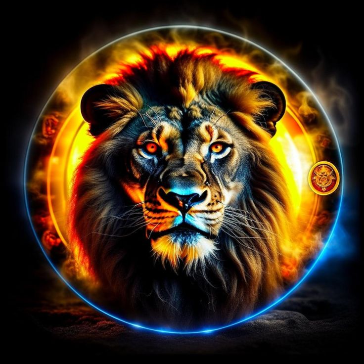 a lion is shown in the middle of a circle with fire and flames around it