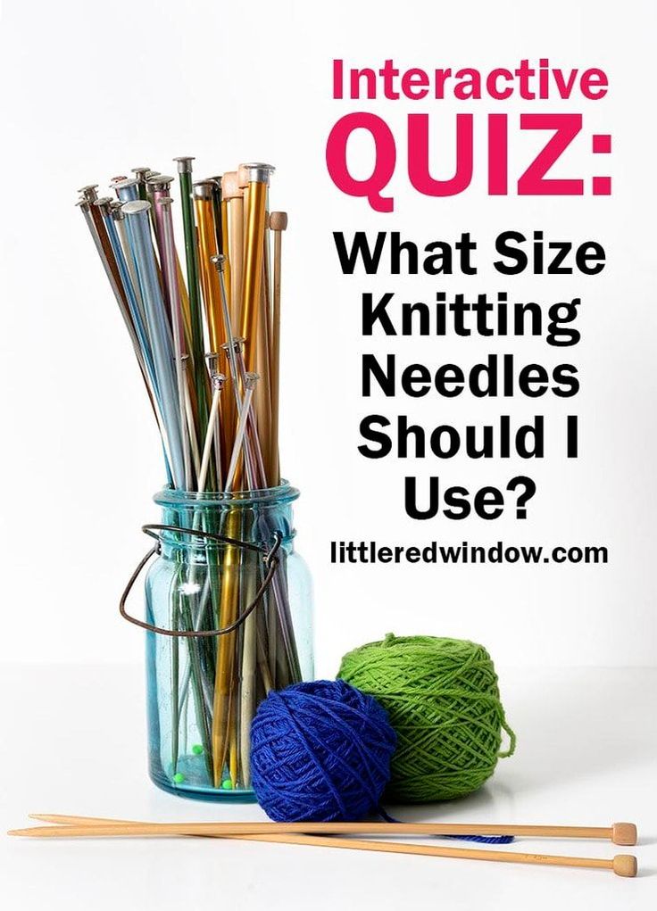 knitting needles and yarn in a glass jar with text that reads interactive quiz what size knitting needles should i use?