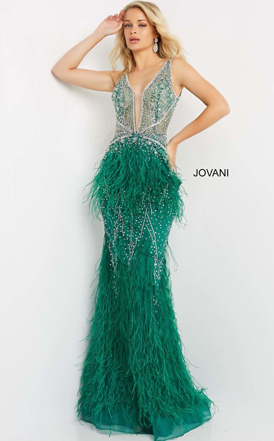 Jovani 03023 Sheer Embellished Bodice Feather Prom Dress Sheer embellished feather trim prom dress with a plunging mesh insert plneckline, sleeveless bodice, low scoop back with zipper closure and floor-length fitted skirt with sheer overlay. Available Colors: black, blush, light-blue, off-white Crystal Prom Dress, Feather Prom Dress, Jovani Prom, Pageant Gown, Formal Evening Wear, Prom Dresses Jovani, Embellished Skirt, White Evening Dress, Prom Long